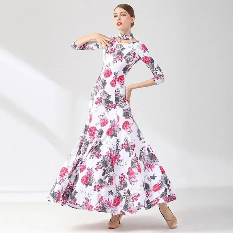 

Ballroom Competition Dresses Standard Dance Performance Costumes Woman Sexy Backless Evening Party Gown Female Printing Skirt