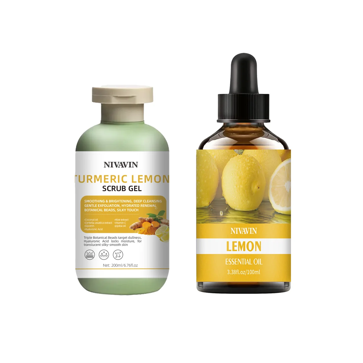 

Набор для ухода за кожей NIVAVIN Turmeric Lemon, гель-скраб 200 мл + эфирное масло 100 мл, глубокое очищение и успокаивание кожи