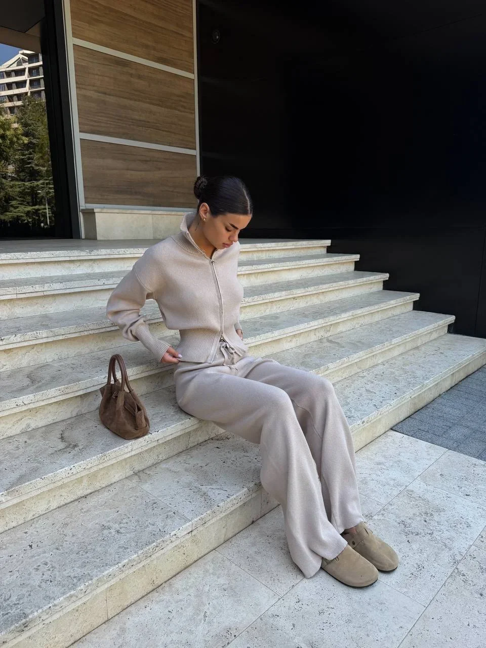 Solid Color Zipper Waist Cinching Casual Set Knitted Top Drawstring Straight Leg Pants 2-piece Sets 2026 Autumn Lady Daily Wear