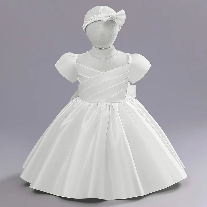 Summer Satin Fashion Little Princess Party Dress + Hairband Wedding Birthday Gifts Infants Vestidos 1 2 3 4 5 Years Baby Dress