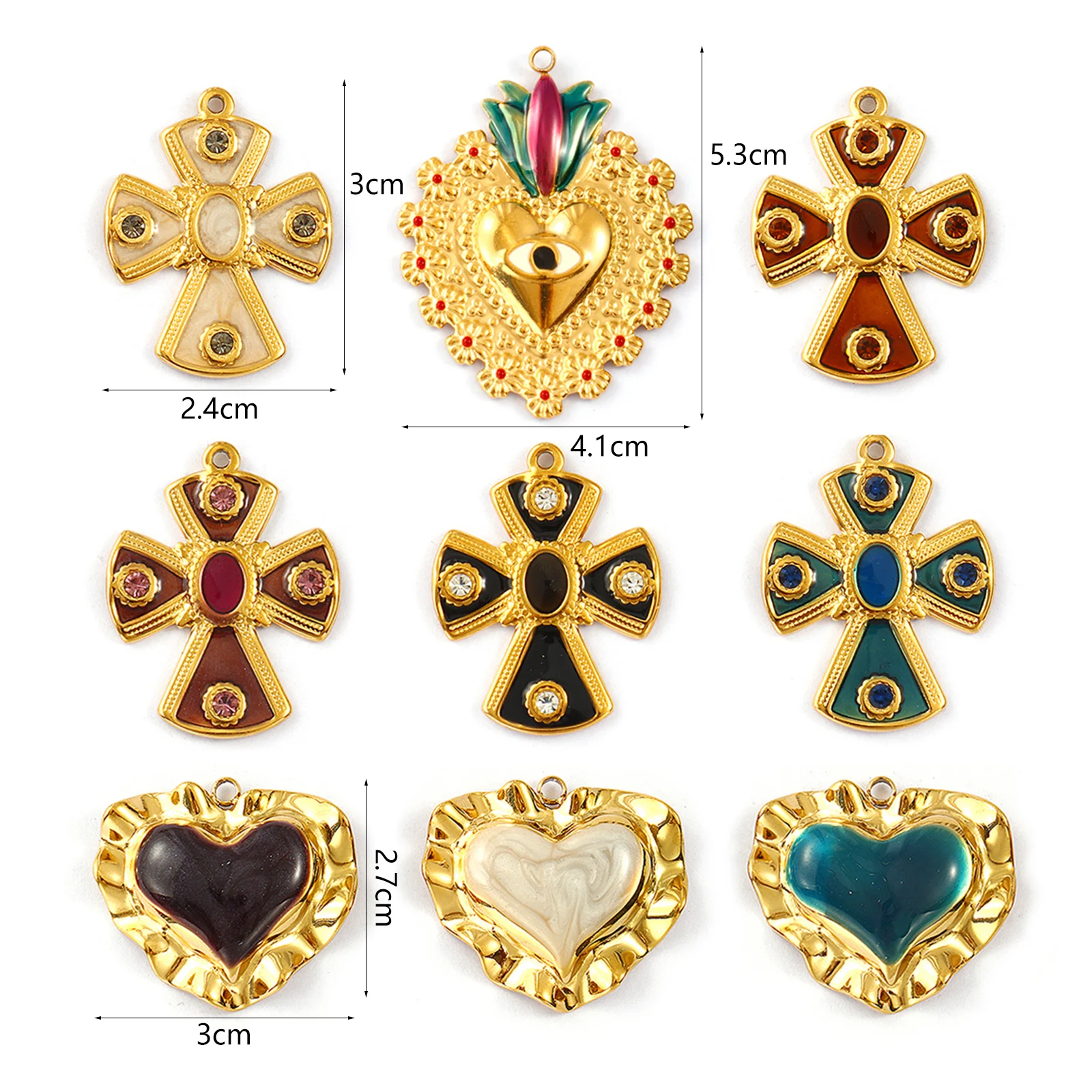 1 Piece 304 Stainless Steel Autumn Winter Style Charms 18K Gold Plated Enamel Heart Cross Pendant DIY Necklace Keychains Making