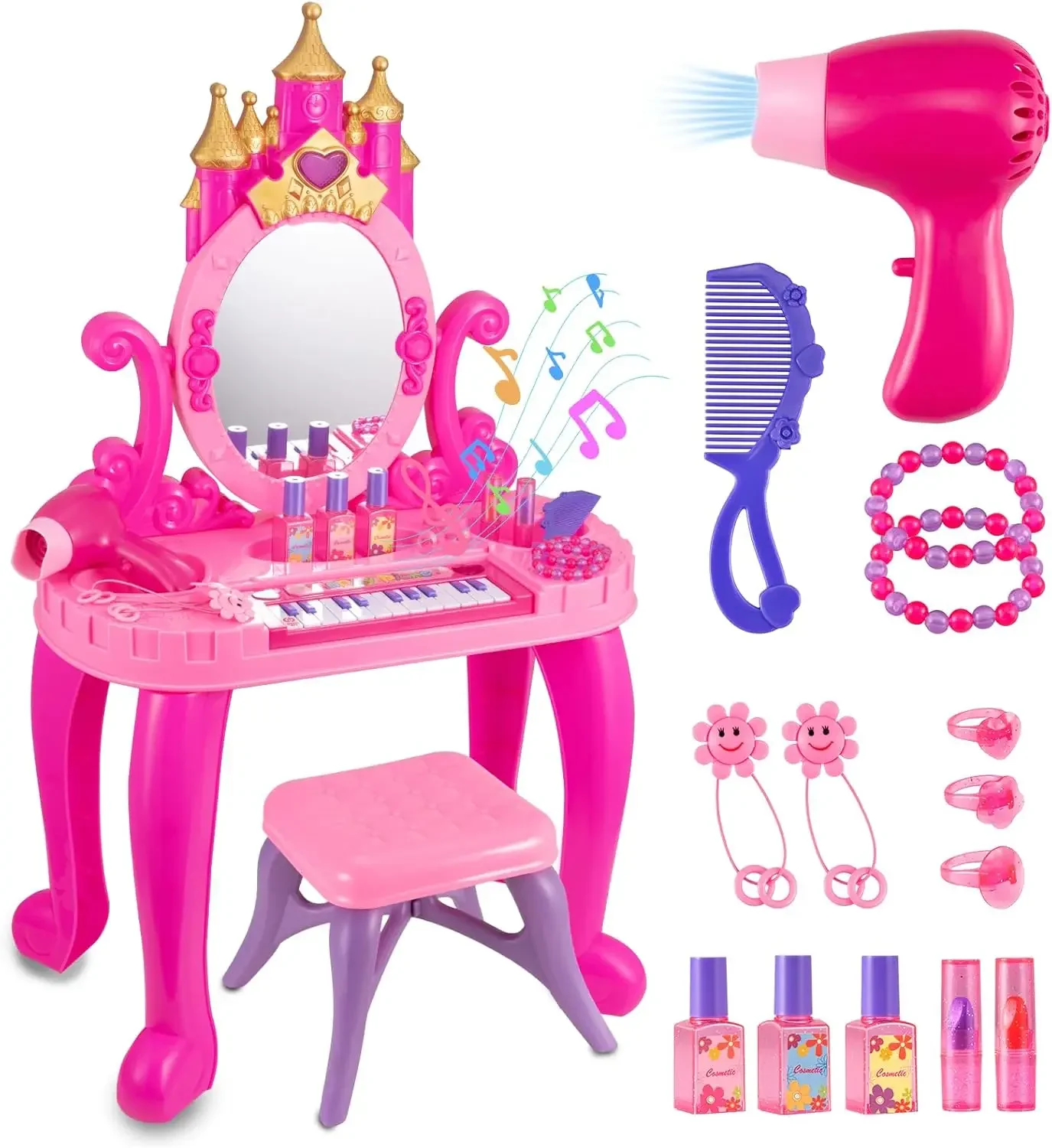Jouet de table de maquillage avec miroir réglable, siège confortable, orgue électronique, lumières pour petites filles, ensemble de vanité pour tout-petits