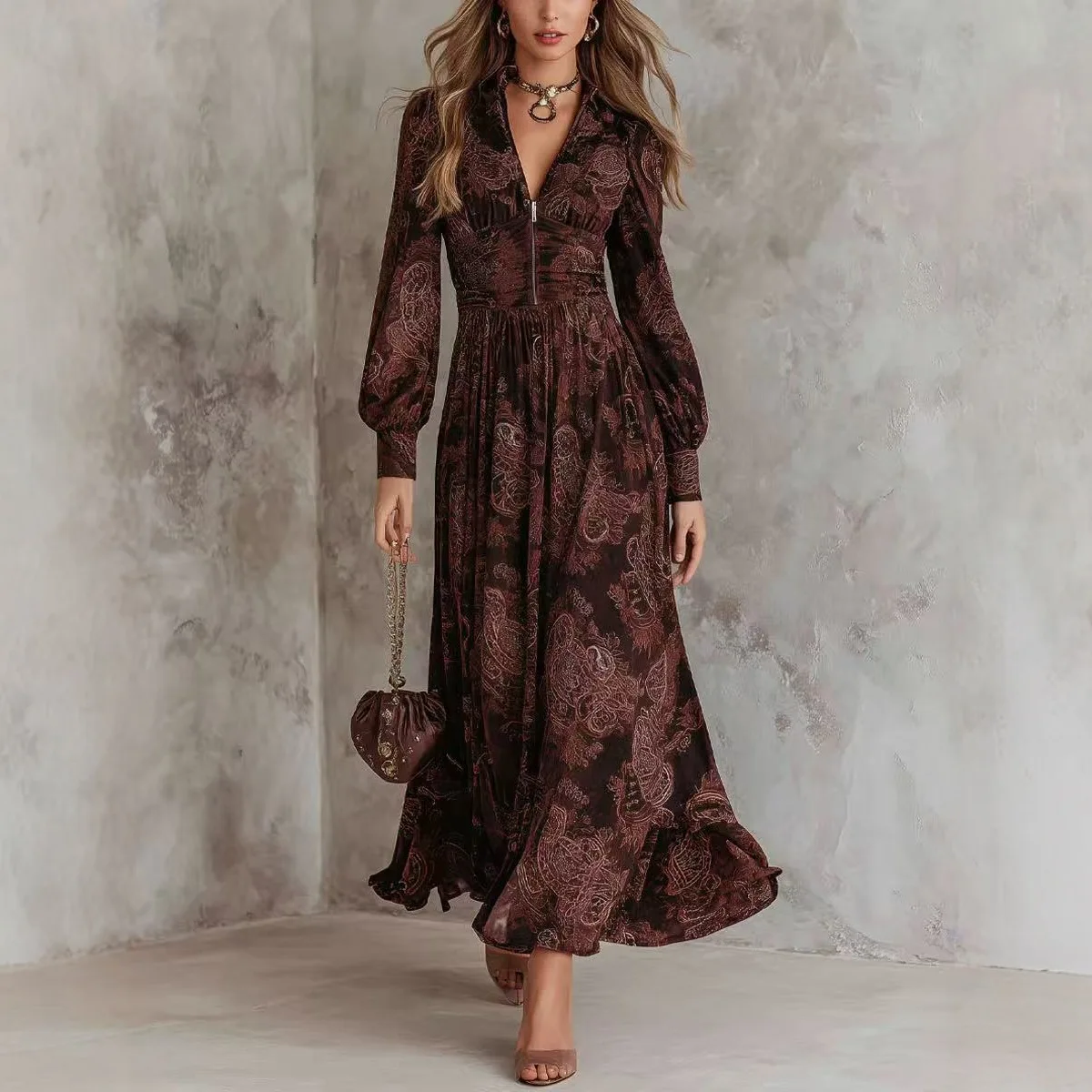 

2026 European And American Fashion New Cross-Border Hot-Selling Vintage Print Long-Sleeve V-Neck Waist-Cinching Puff-Sleeve Long