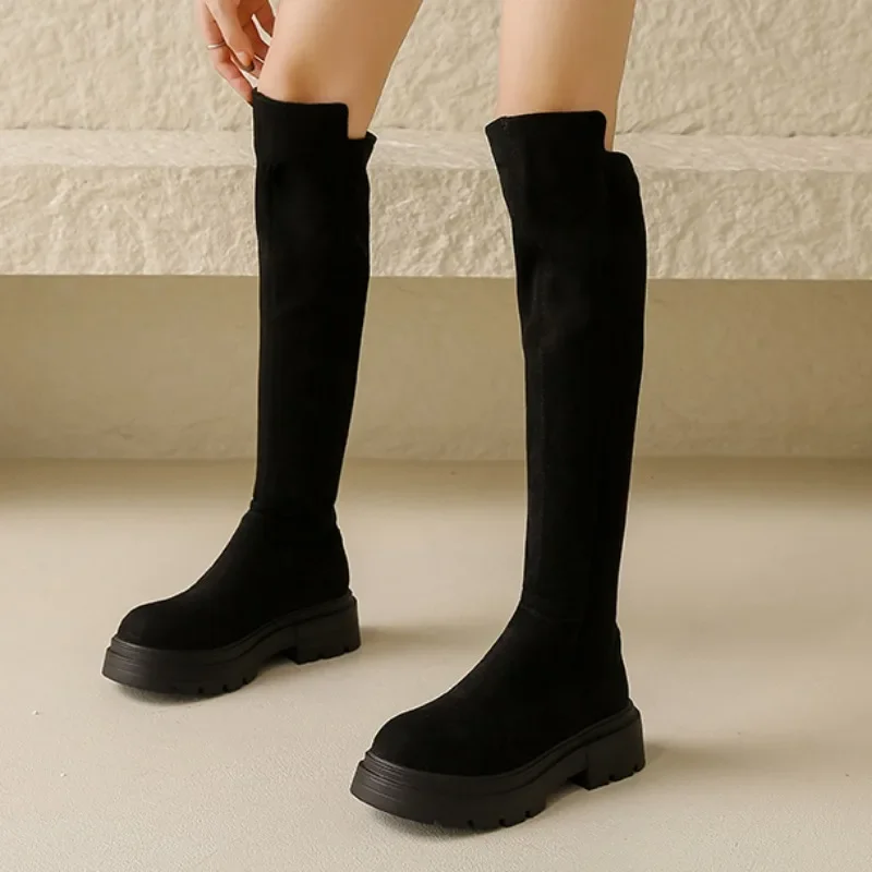 

Fashion Stretch Over-the-knee Boots Winter Warm Women's Boots Suede Round Toe High Heels Quality Ladies Shoes Platform Booties
