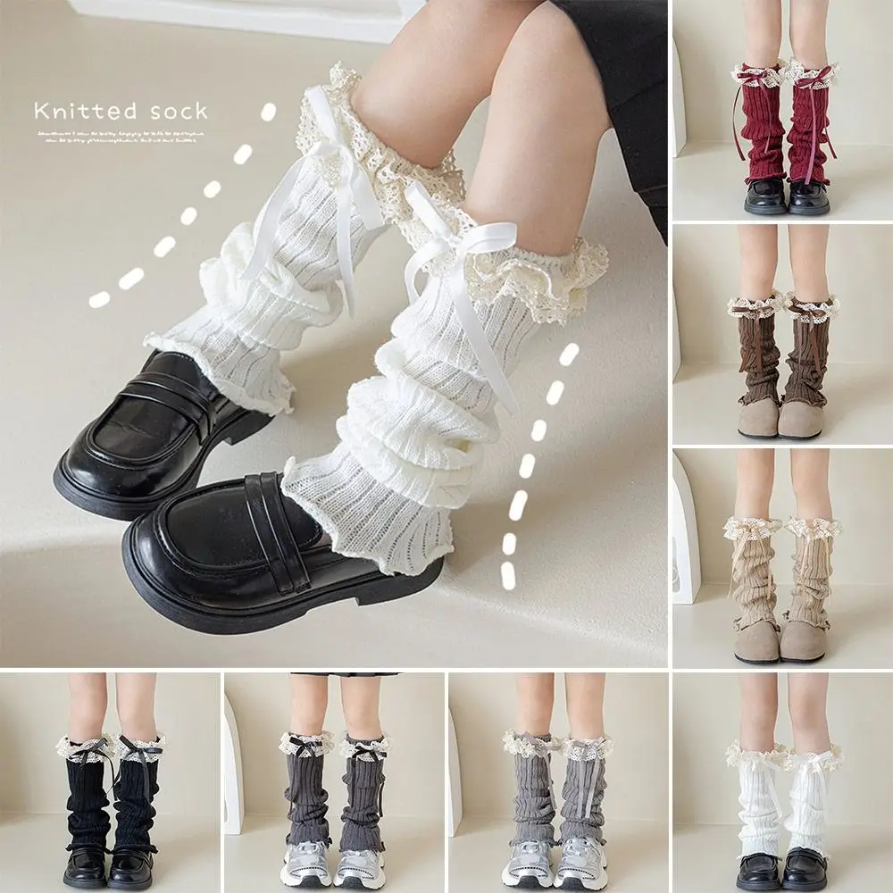 Kawaii Solid Color Kids Lace Leg Warmers Lace Trim Knitted Foot Cover Sweet Style Elastic Long Stockings Winter Season