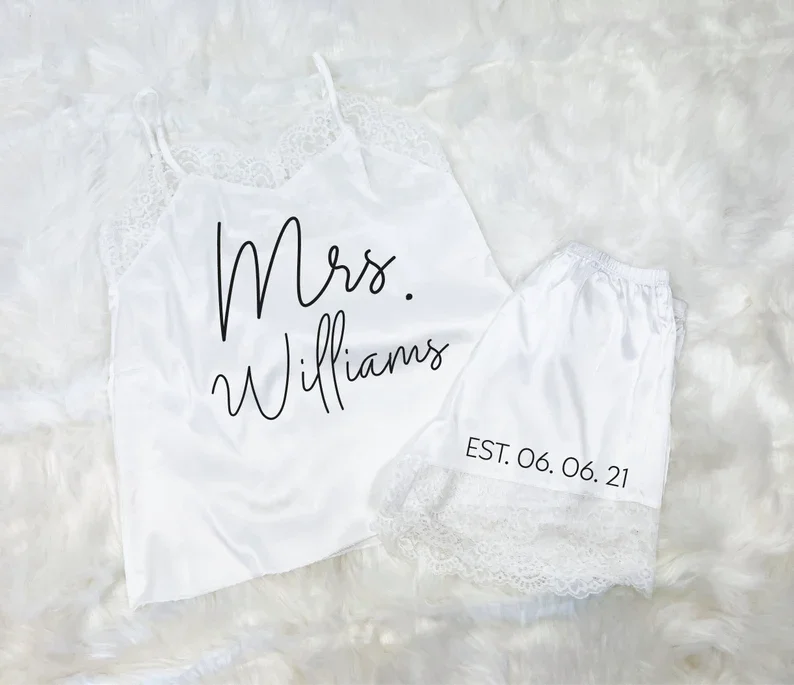 Personalized Lace Bride Pajamas Bride Lacey Pjs Honeymoon Outfit Bride Gift Mrs. Pajamas Bridal Shower Gift Set Bridesmaid Pjs