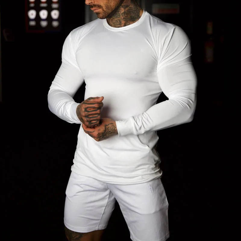 

Мужские осенние спортивные повседневные эластичные быстросохнущие колготки с круглым вырезом для фитнеса, дышащая одежда для фитнеса