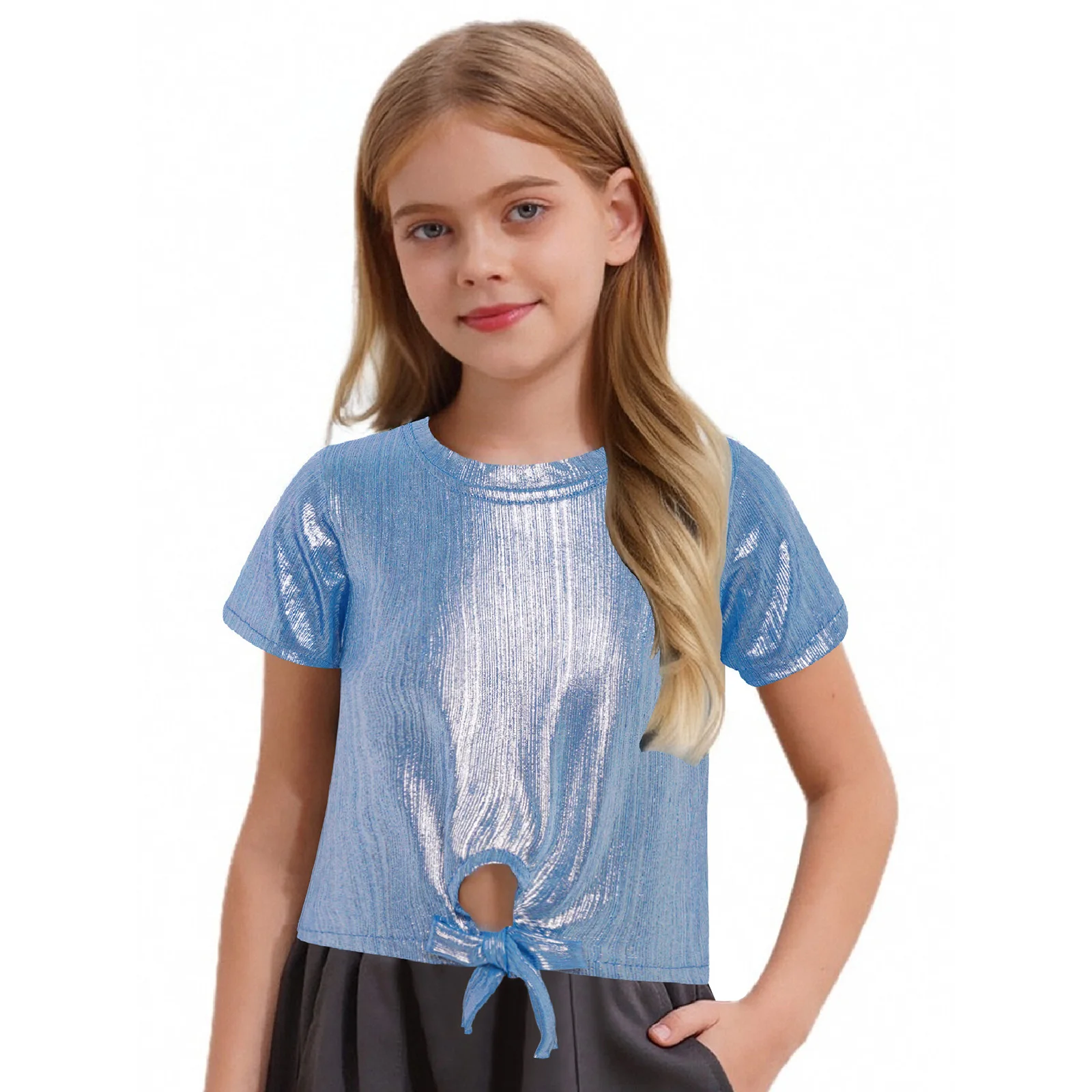 Kids Girls Metallic Ribbed Crop Top Short Sleeve Lace-up Keyhole Hem T-shirt for Hip-Hop Jazz Street Dance Stage Performance