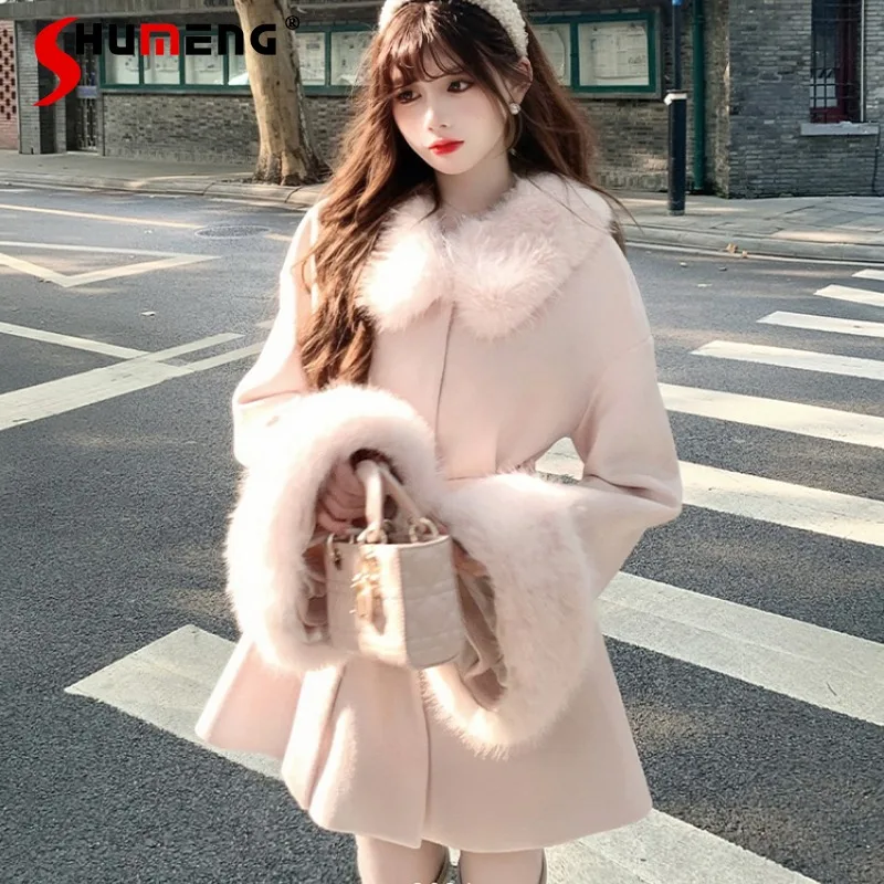 

Winter Popular Pink Fur Collar Waist Woolen Coat Long Sleeves Slim Fit Furry Jacket Women's Temperament Sweet Jaquetas Clothes