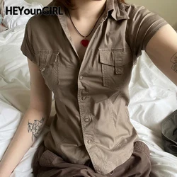 HEYounGIRL Women Khaki Safari Shirts with Pocket Casual Short Sleeve Work Tshirt Vintage Street Outfits Button Up Crop Tops