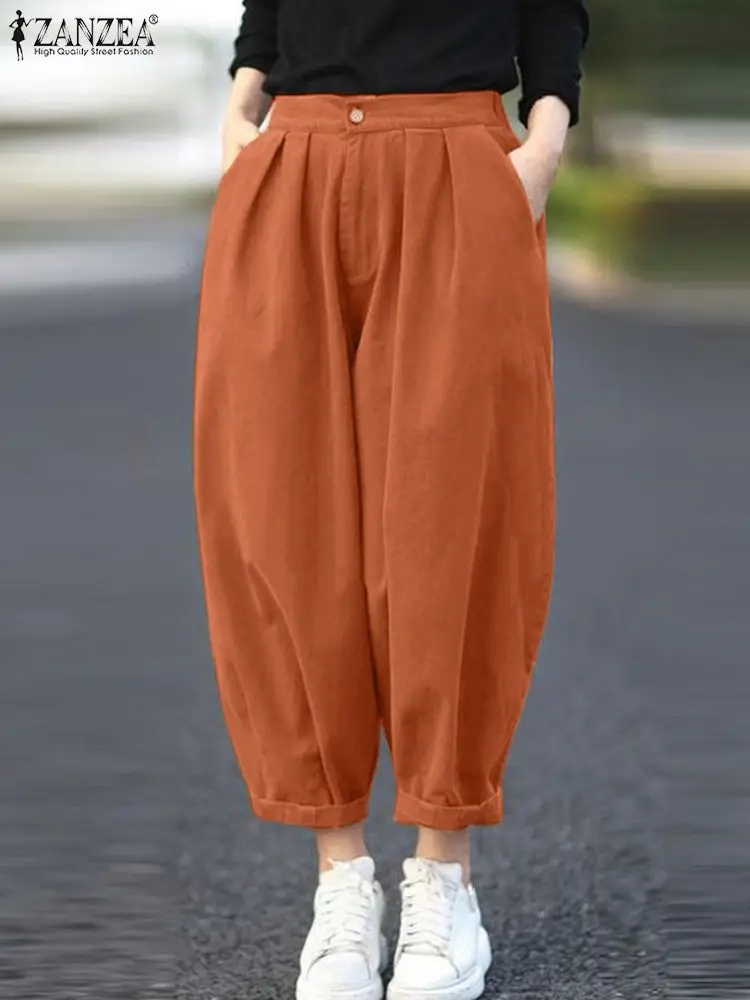 

ZANZEA Women Oversized Long Harem Pants Solid Cropped Pants 2024 Summer Elastic Waist Trousers Pleated Casual Loose Vintage Pant