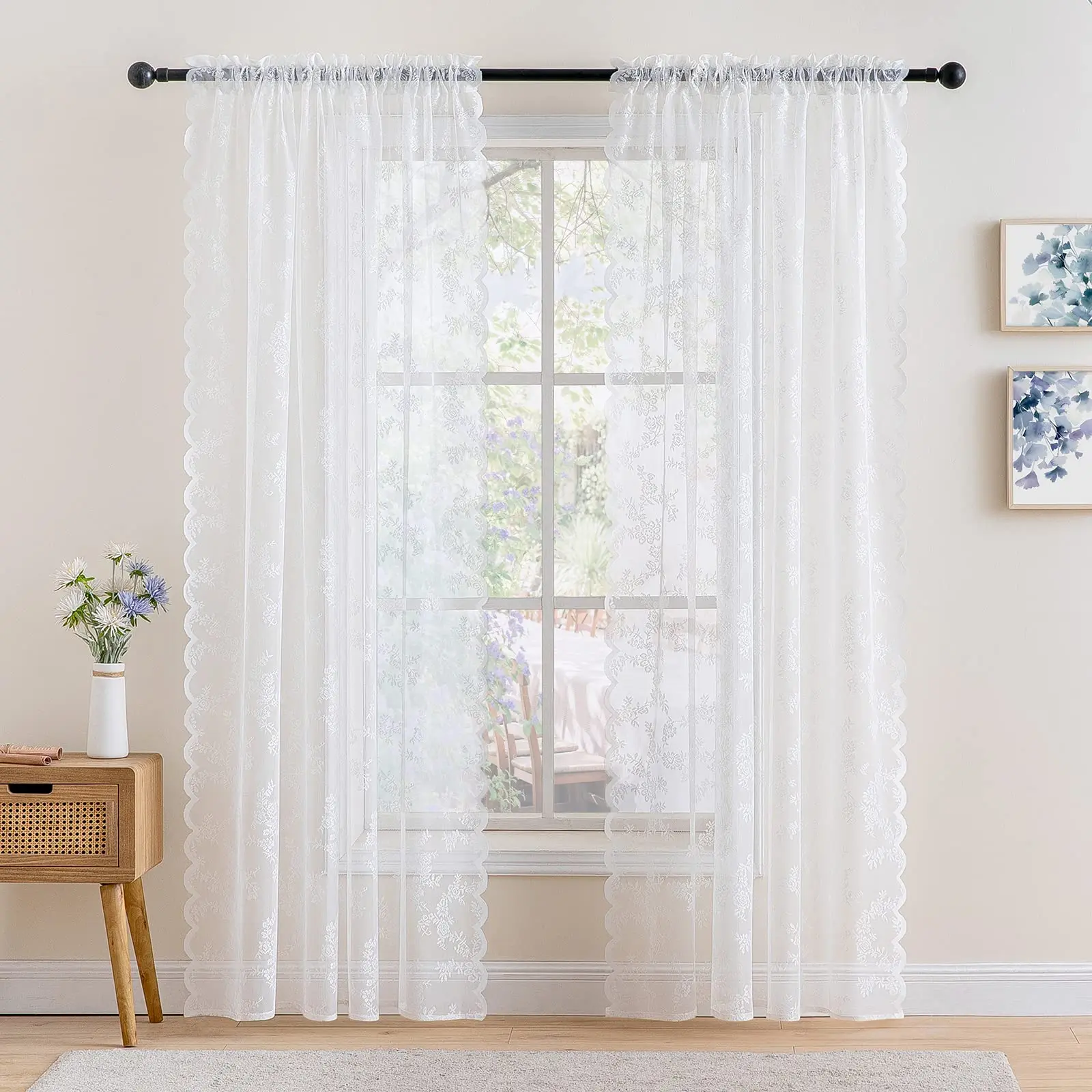 1 unidad de cortinas transparentes de encaje blanco, cortinas de gasa con bolsillo para varillas, cortina ligera para ventana, cortinas divisorias para sala de estar y dormitorio