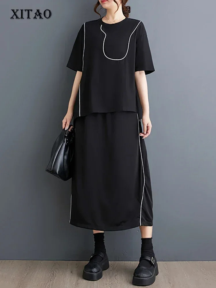 

XITAO Asymmetrical Top Dress Sets Patchwork O-neck Pullover Elastic Waist Mid-calf Fashion Slimming Skirt 2025 Summer DMJ4150