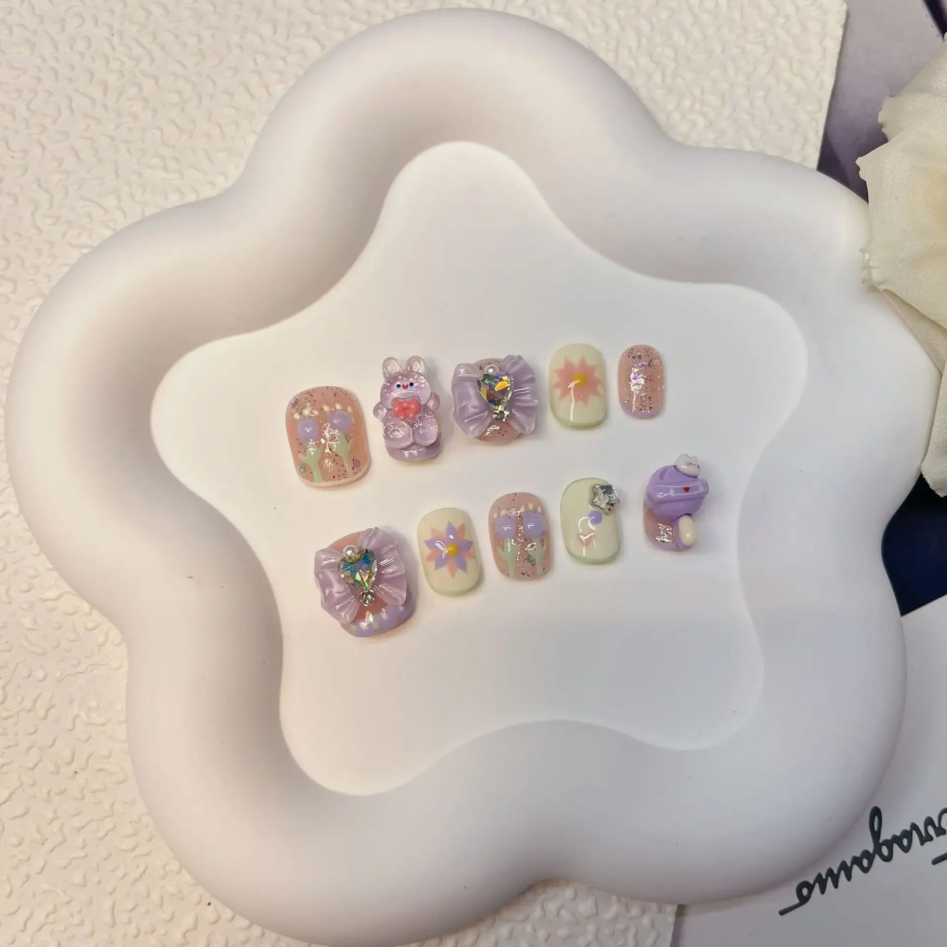 Cute Cartoon Childish Press On Nails Handmade Playful Purple Candy Rabbit Diamonds Big Bow Fake Nail Patches