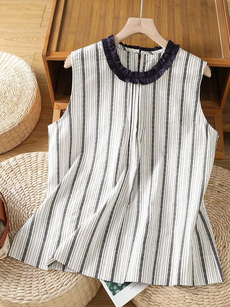Casual Cotton Linen Shirt Women Summer Outwear Anti-Aging Thin Style Floral Collar Print Loose Fit Short Sleeve Top