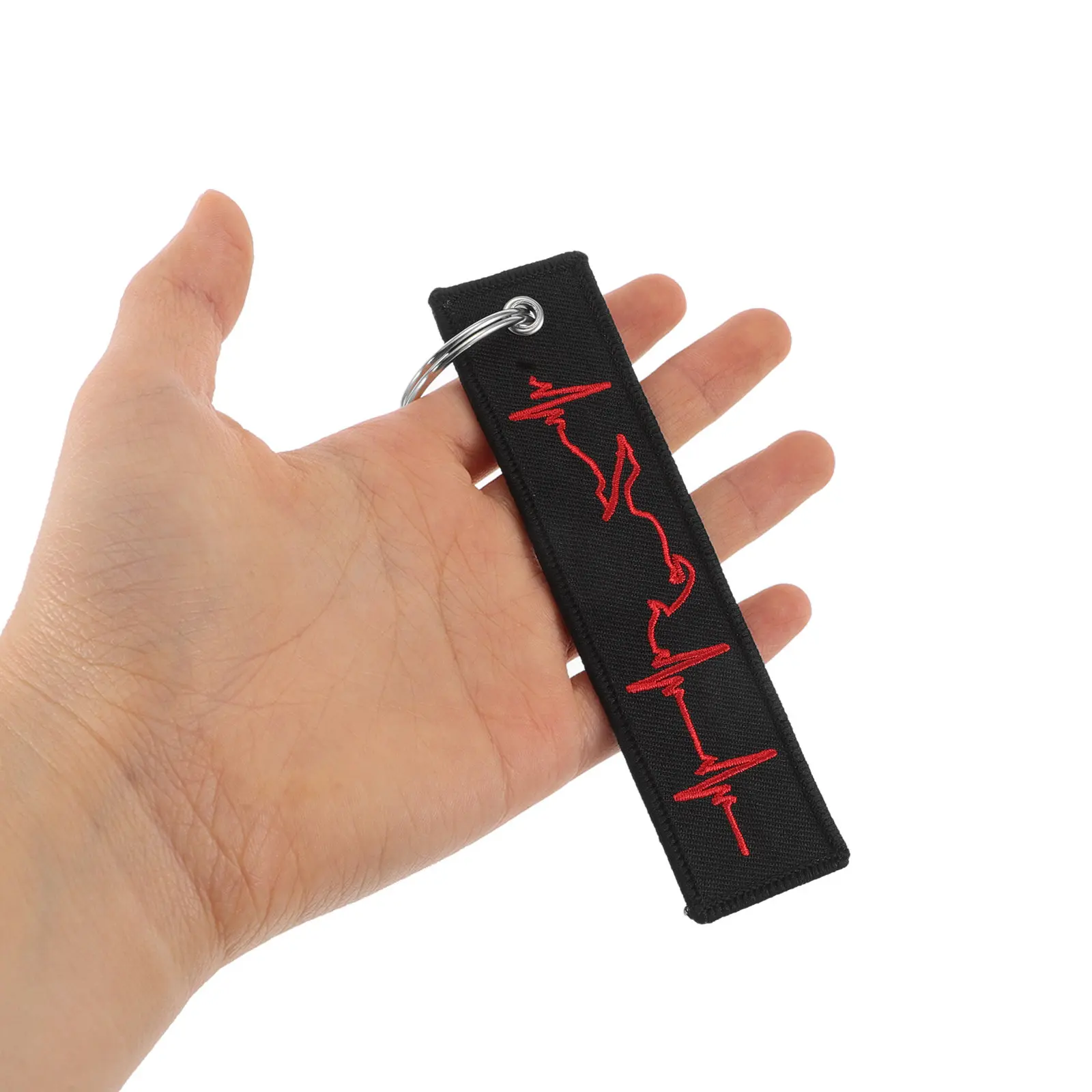 Red Heartbeat Electrocardiogram Racing Embroidery Keychain Black Background Motorcycle Car Key Holder Creative Cool Accessory