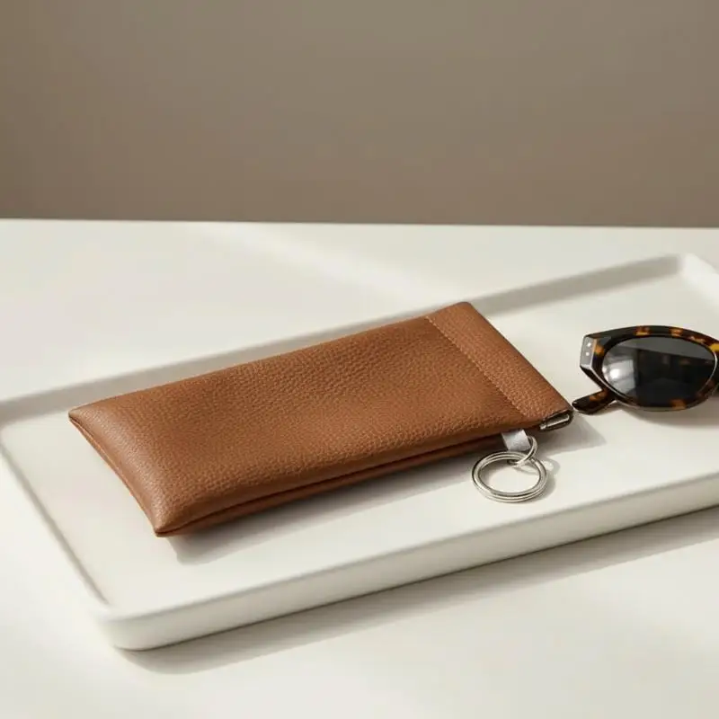 PU Leather Sunglasses Pouch With Keyring Portable Soft Scratch-Resistant Eyeglass Case For Women Men Daily Office & Travel