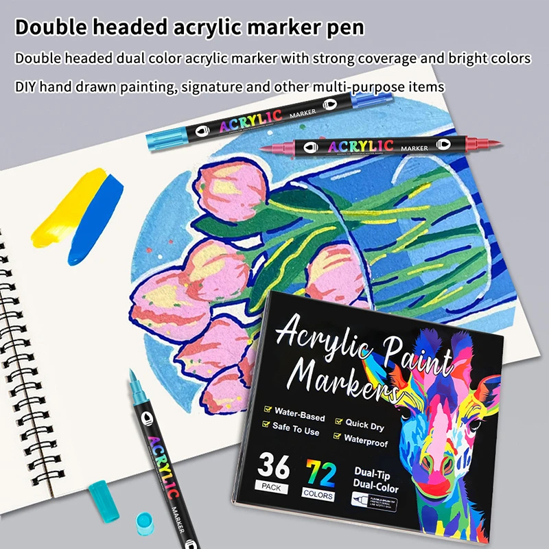 1Set Acrylic Paint Markers Pens Set Dual Nib Double Color Acrylic Paint Markers Sketching Painting Graffiti Markers Art Supplies