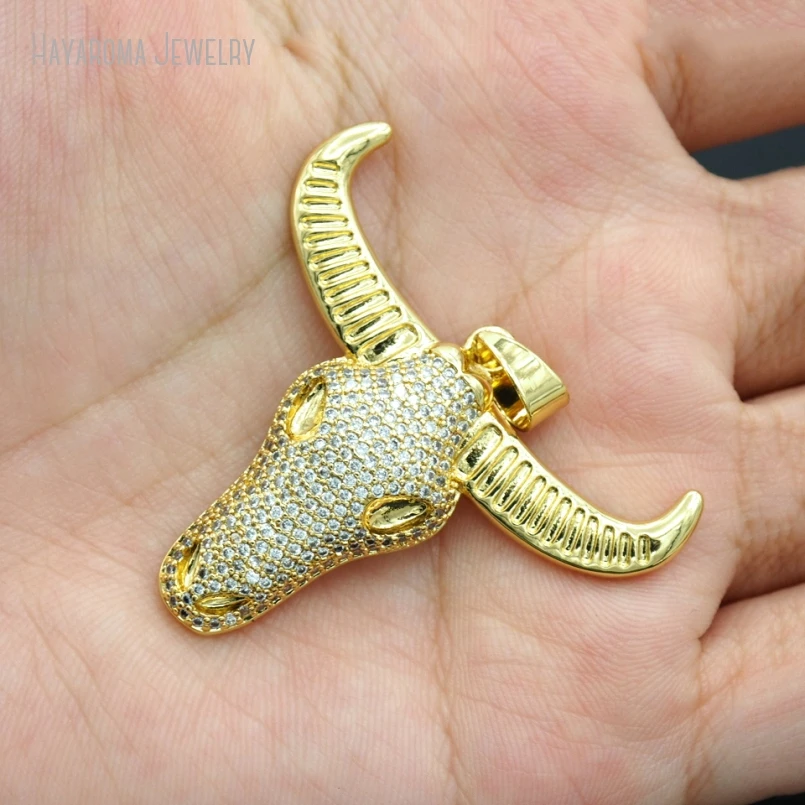 10Pcs Wholesale Metal Cubic Zirconia Jewelry Copper Gold Color Invisible Setting Animal Animals Ox Head Pendant PM52630