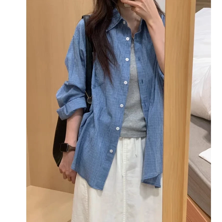 

Винтажные синие клетчатые рубашки для женщин, Harajuku, клетчатая блузка с вышивкой букв, женская негабаритная корейская модная одежда Camisa