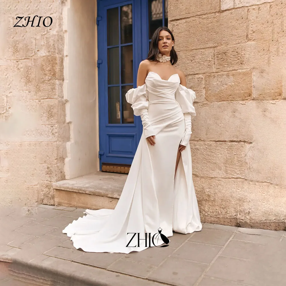 ZHIO Royal Satin Puff Sleeves Mermaid Wedding Dress Sweetheart Neck High Slit Train Evening Gown Vestidos De Novia Customized