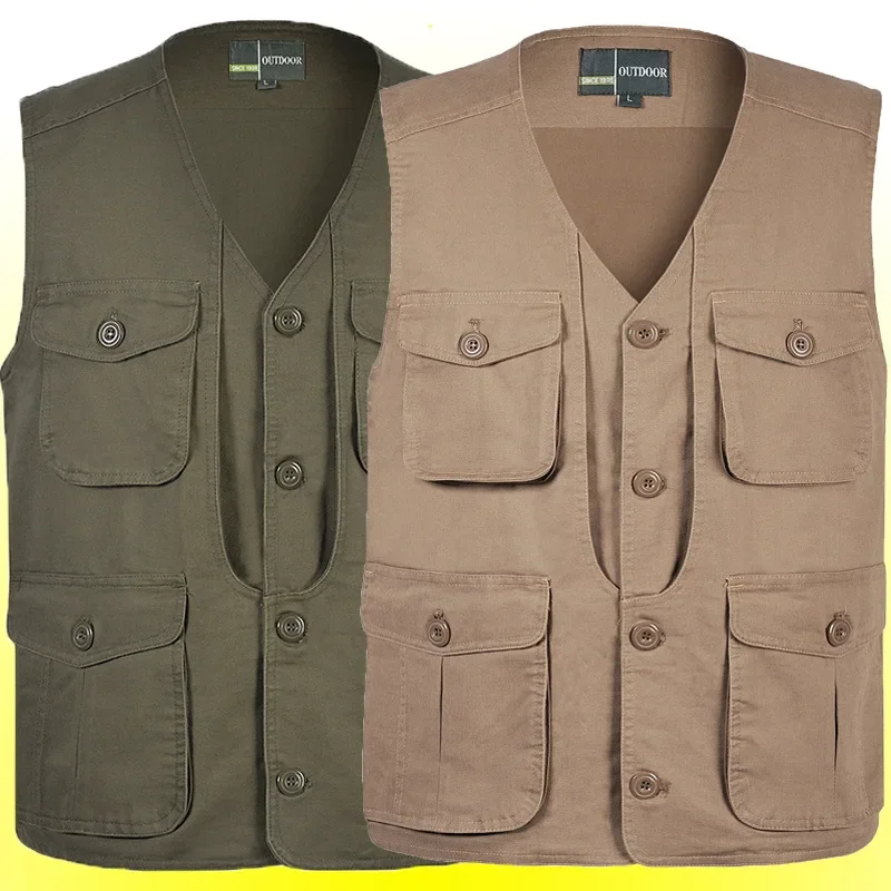

2024 Men's Autumn Cotton Button Vest Multi-Pocket Double Layer Casual Vest