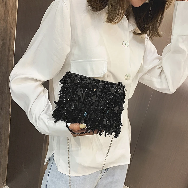 Bolso cuadrado pequeño con lentejuelas y diamantes para mujer, bolso de mano con cuentas, bolso de hombro con cadena