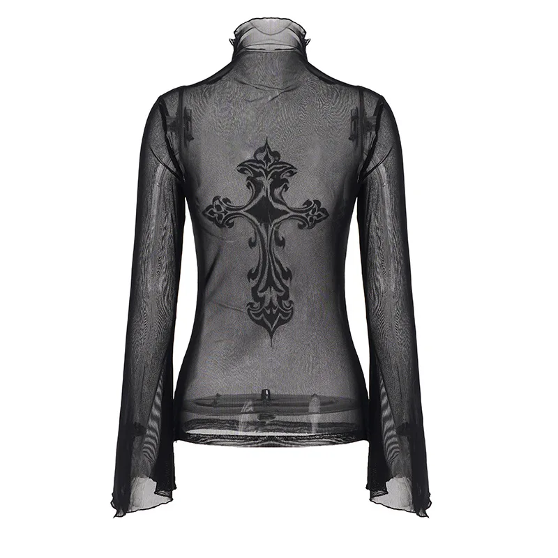 Summer New Fashion Women's Sexy Thin Transparent Printed Trumpet Sleeve Perspective T-shirt
