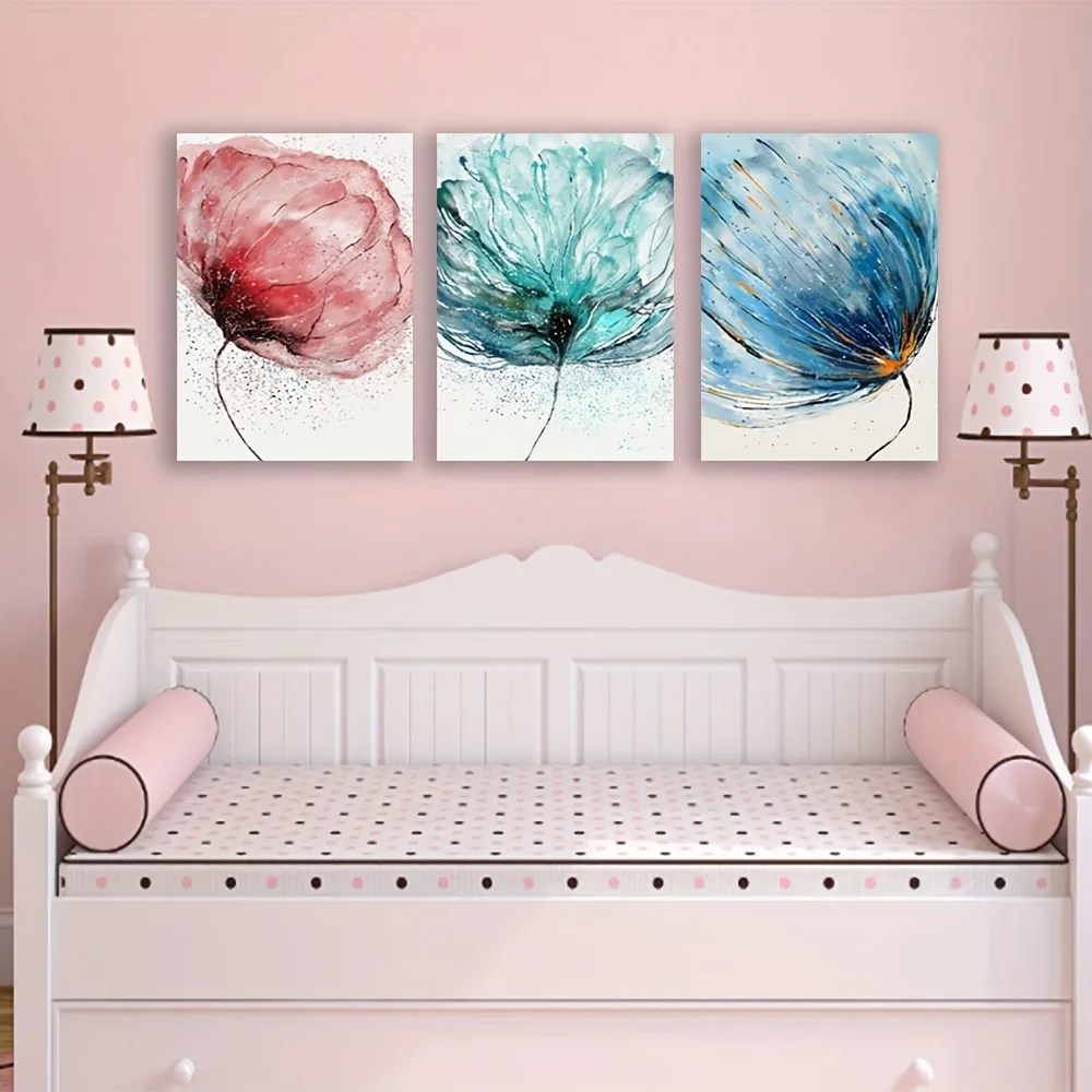 2D Flat 3pcs Unframed Xiyocadt Piece Poster Set Modern Watercolour  Abstract Canvas Elegant Flower Pictures Watercolour Botan