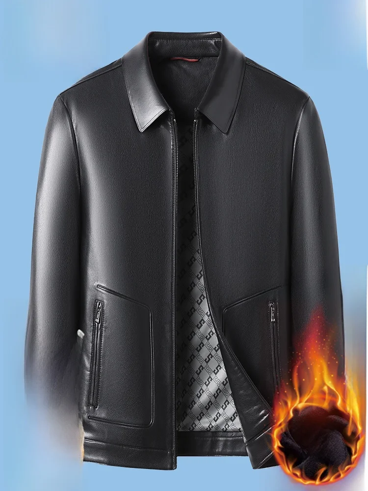 

Pierre Cardin Men's ort Lamb Leather Jaet Flap Collar Fce Lined Dad Clothes Faion Urban Casual Busin Sle