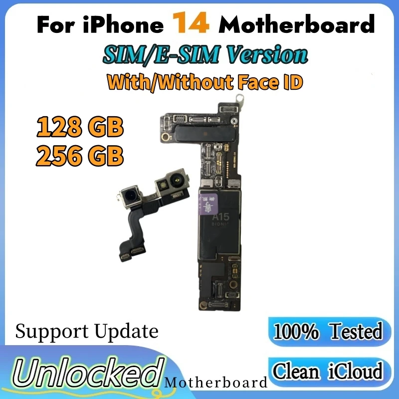 Placa Base para iPhone 14 con Versión E-SIM/SIM, iCloud Limpio, Desbloqueada, con/sin Soporte para Face ID, Compatible con Actualizaciones de iOS