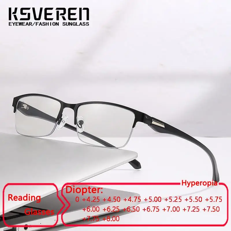 

KSVEREN Men Metal Anti Blue Light Reading Eyewear Business Half Frame Optical Glasses Presbyopia Readers Prescription Glasses