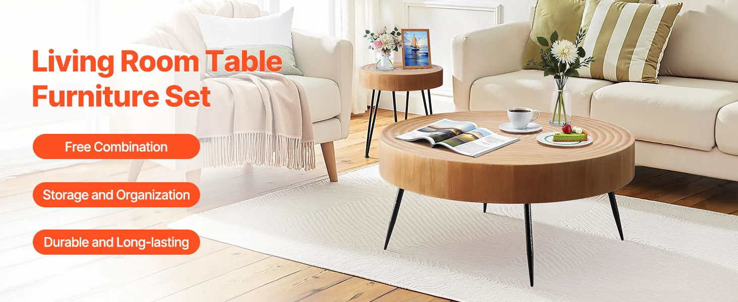 SucceBuy Coffee Tables Sets Living Room Table with End Side Table Coffee and End Tables Sets with Metal Legs for Living Room