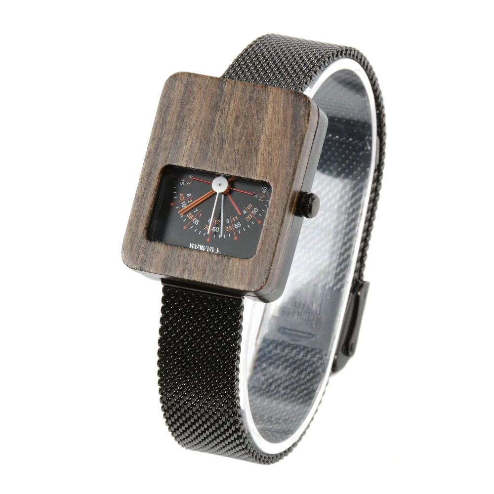Square Watch for Ladies with Quartz Stainless Steel Wood Numberless Dial High Sealing Waterproof Classic