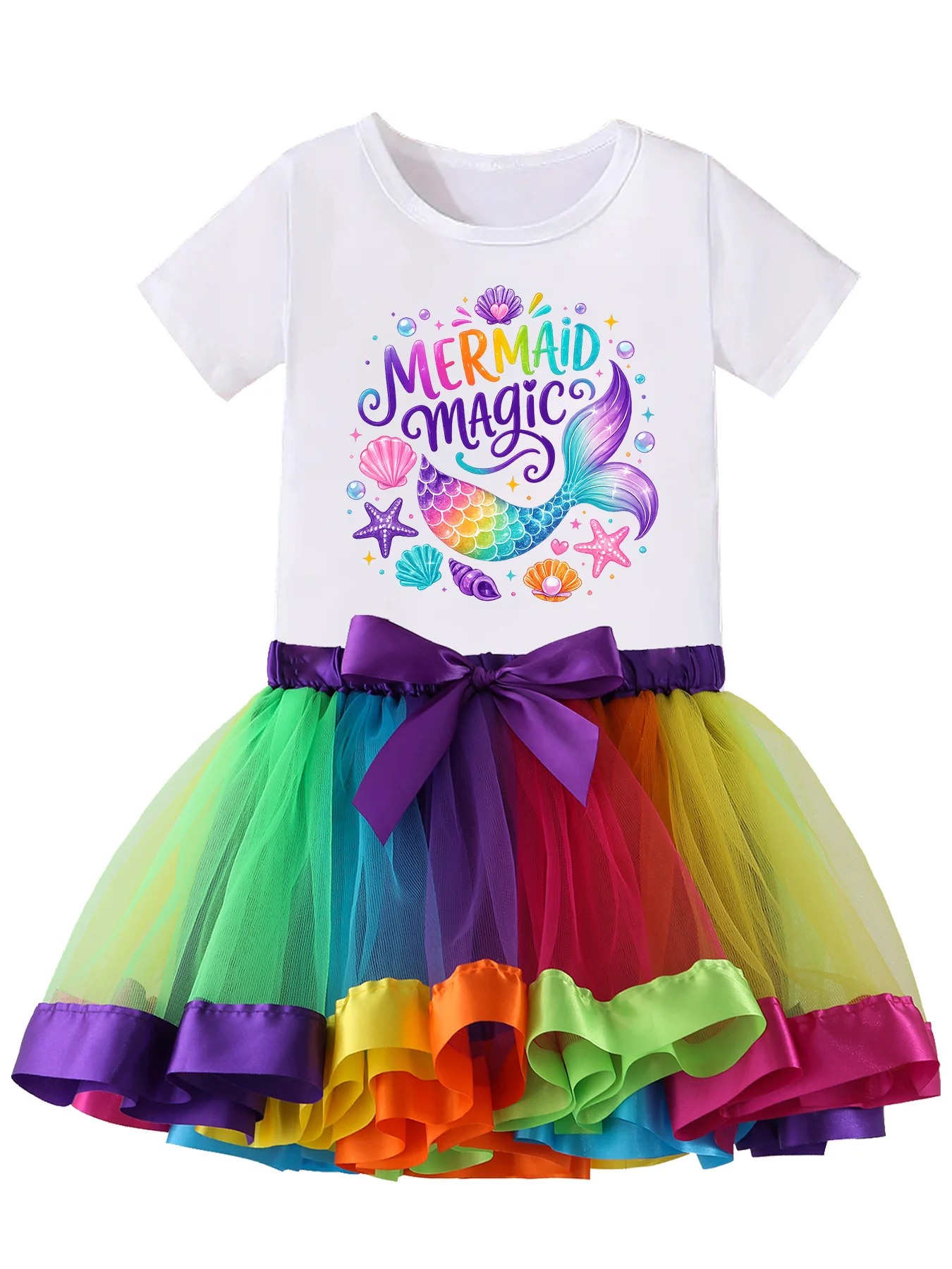 2Pcs Toddler Girls Mermaid Magic Outfit Set Short Sleeve Print T-Shirt Rainbow Ruffle Tulle Tutu Skirt Kids Birthday Party Hallo