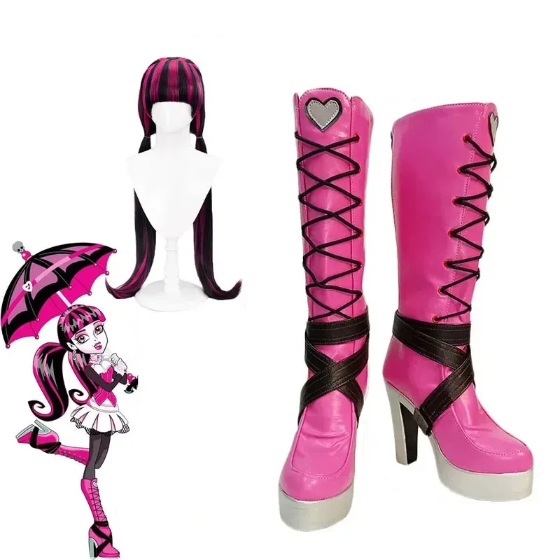 

Anime Monster High Draculaura Cosplay Sexy High heel Long Leather Boots For Women Halloween Carnival Party Roleplay Shoes Wig