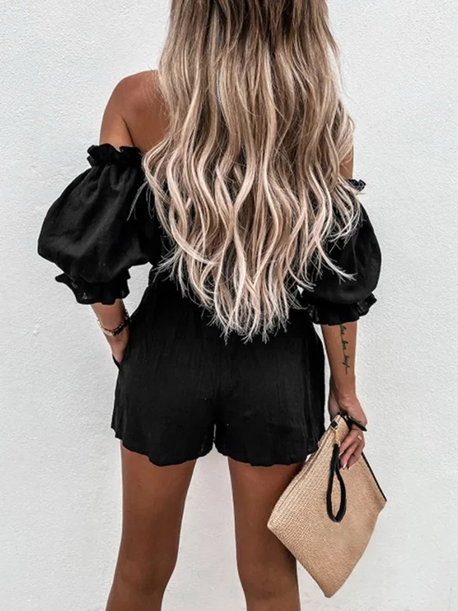 Frauen Sommer 2 Stück Outfits einfarbig schulter frei Kurzarm Wickel Brust Ernten Tops hohe Taille Shorts Set