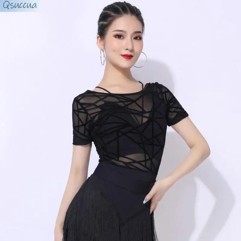 New Style Latin Dance Sexy Blouse Women's Micro-Transparent New Dance Clothes Short-Sleeved Round Neck One-Piece Rumba