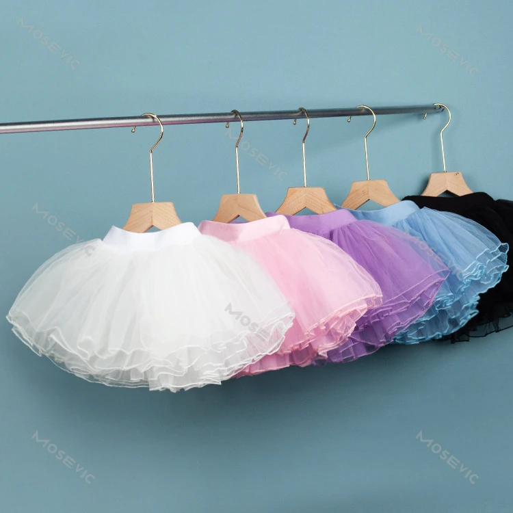 Free Shipping Girls Ballet Tutu Skirts Pink Kids Fluffy 4 layer Soft Yarn Tulle Skirts White Elastic Ballet Leotard Skirts