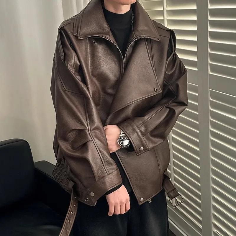 

Men American Retro Niche Design Double-lapel Motorcycle Suit High-end Cool Stylish Men in Autumn and Winter Coat Leather Jacket