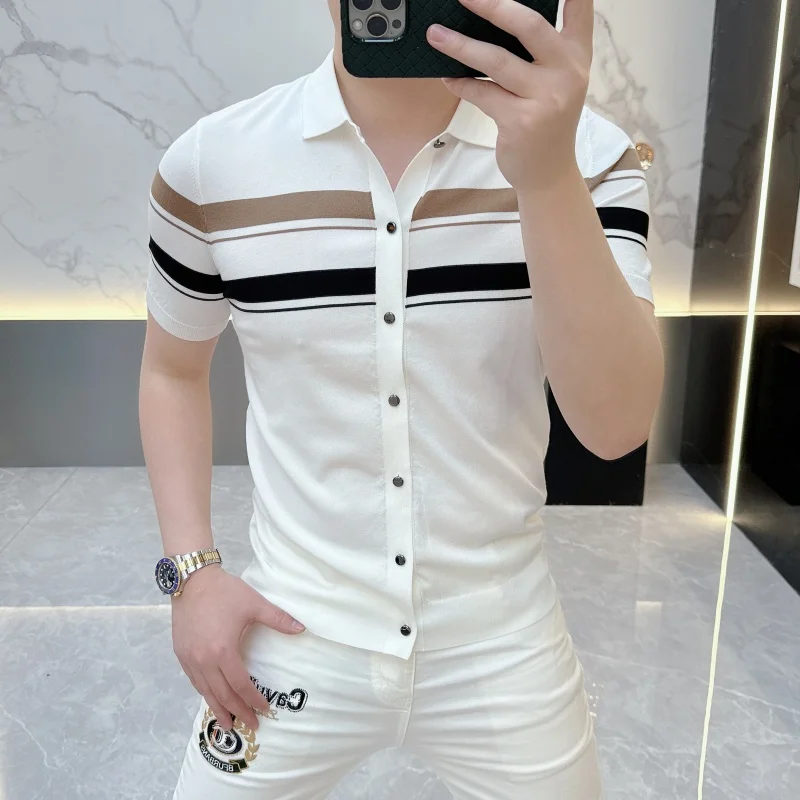 Korean Knitted Cardigan T-shirt for Men Short Sleeve Lapel Casual Tshirts Ice Silk Breathable Business Social Knit Shirt Tops
