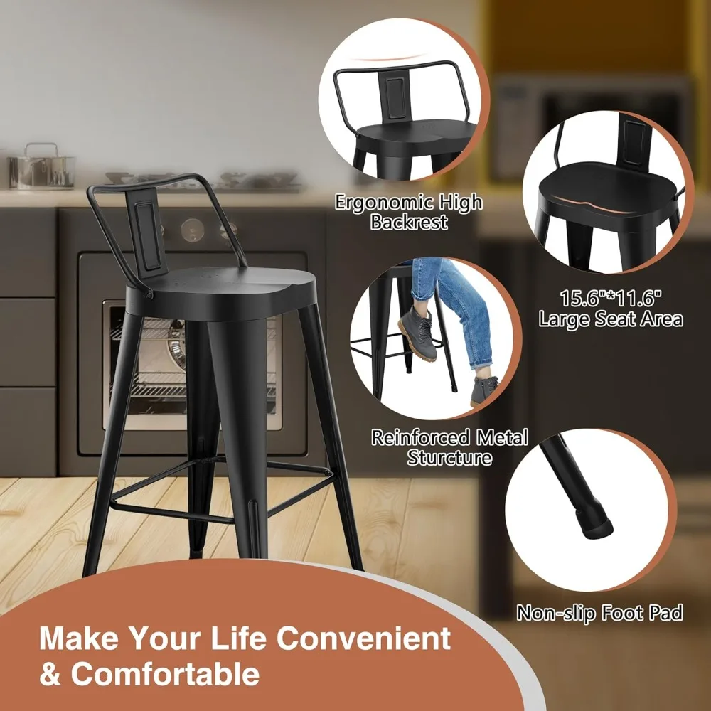 24インチ バースツール 4脚セット、インダストリアルメタルバースツール ファームハウスバーチェア 大きなシート付き キッチンアイランド用 (24インチ)
