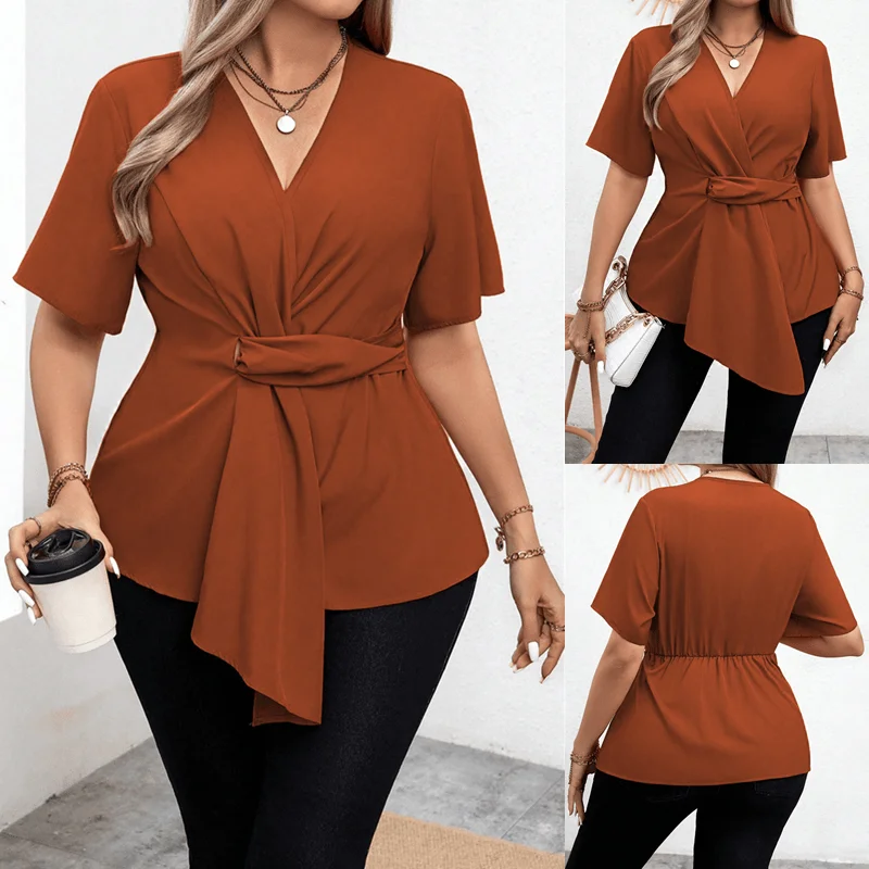 

Летняя модная женская футболка больших размеров с V-образным вырезом для полных женщин, свободного кроя, из других материалов, 100% класс А