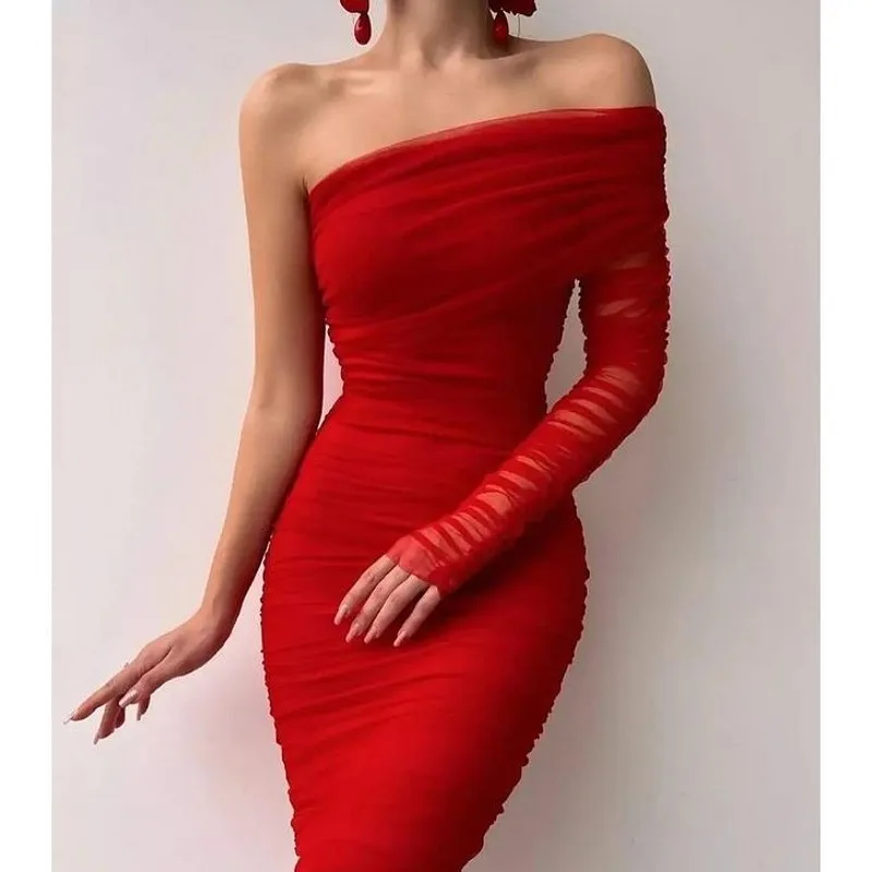 

SKMY Red Dress Solid Color Y2k Clothes Women Mesh Patchwork One Shoulder Long Sleeve Sexy Backless Party Dresses Club Outfits