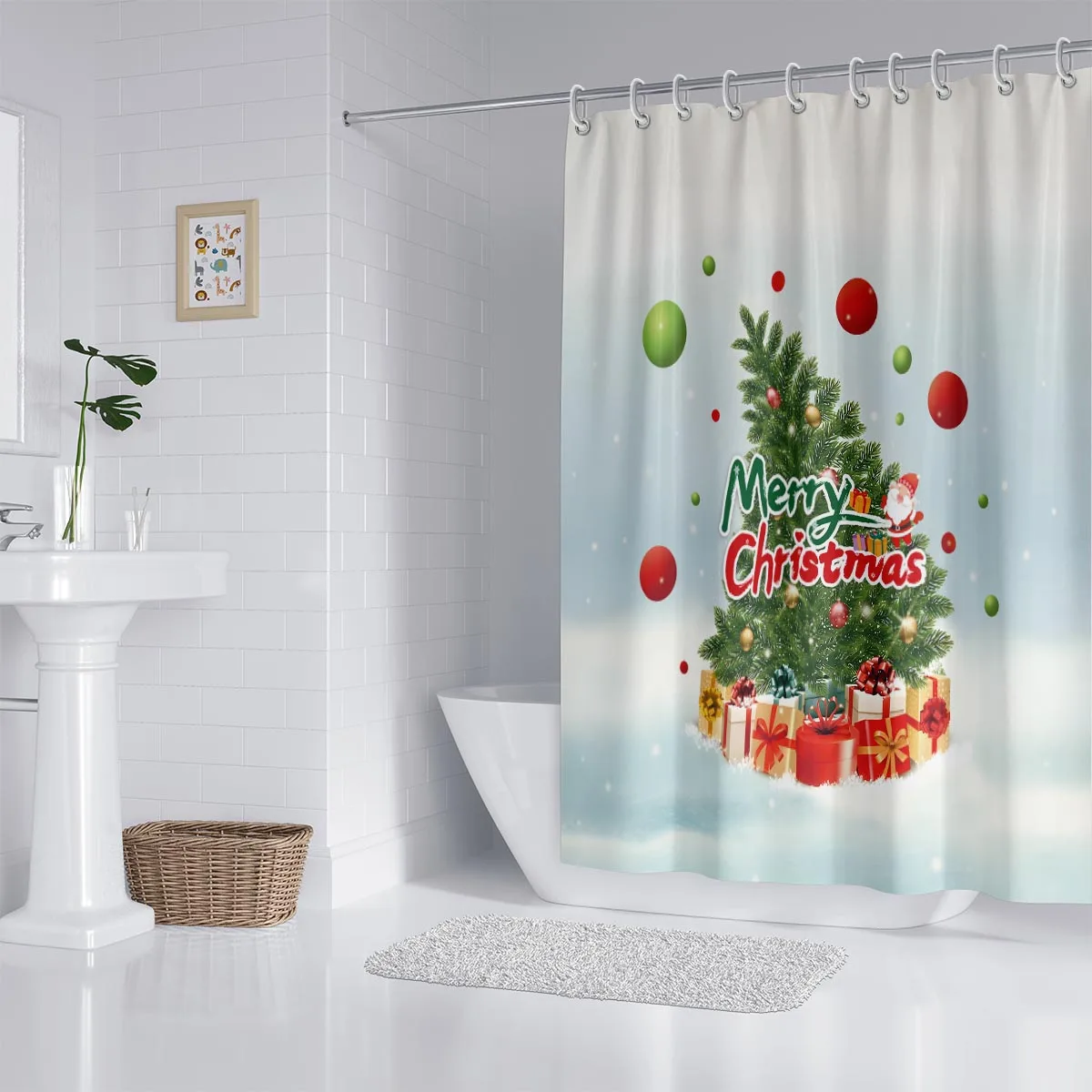 

1 шт., водонепроницаемая занавеска для душа с принтом рождественской елки, подвесная занавеска для перегородки с 12 крючками, несколько размеров, можно стирать в машине