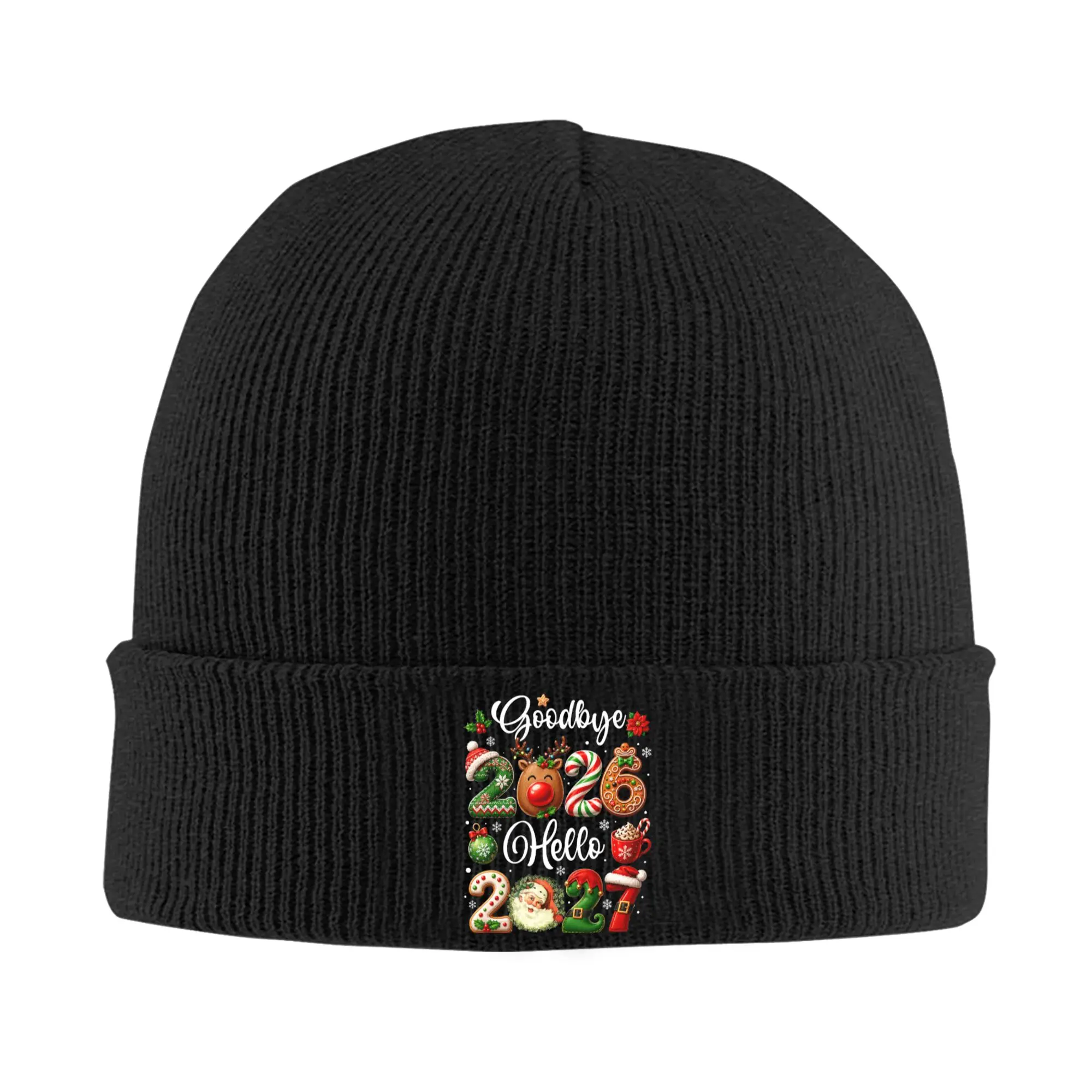 Goodbye 2026 Hello 2027 Festive Christmas Happy New Year Beanie Hats  Bonnet Hats Men Women Vintage Kpop Knit Hat Elastic Caps