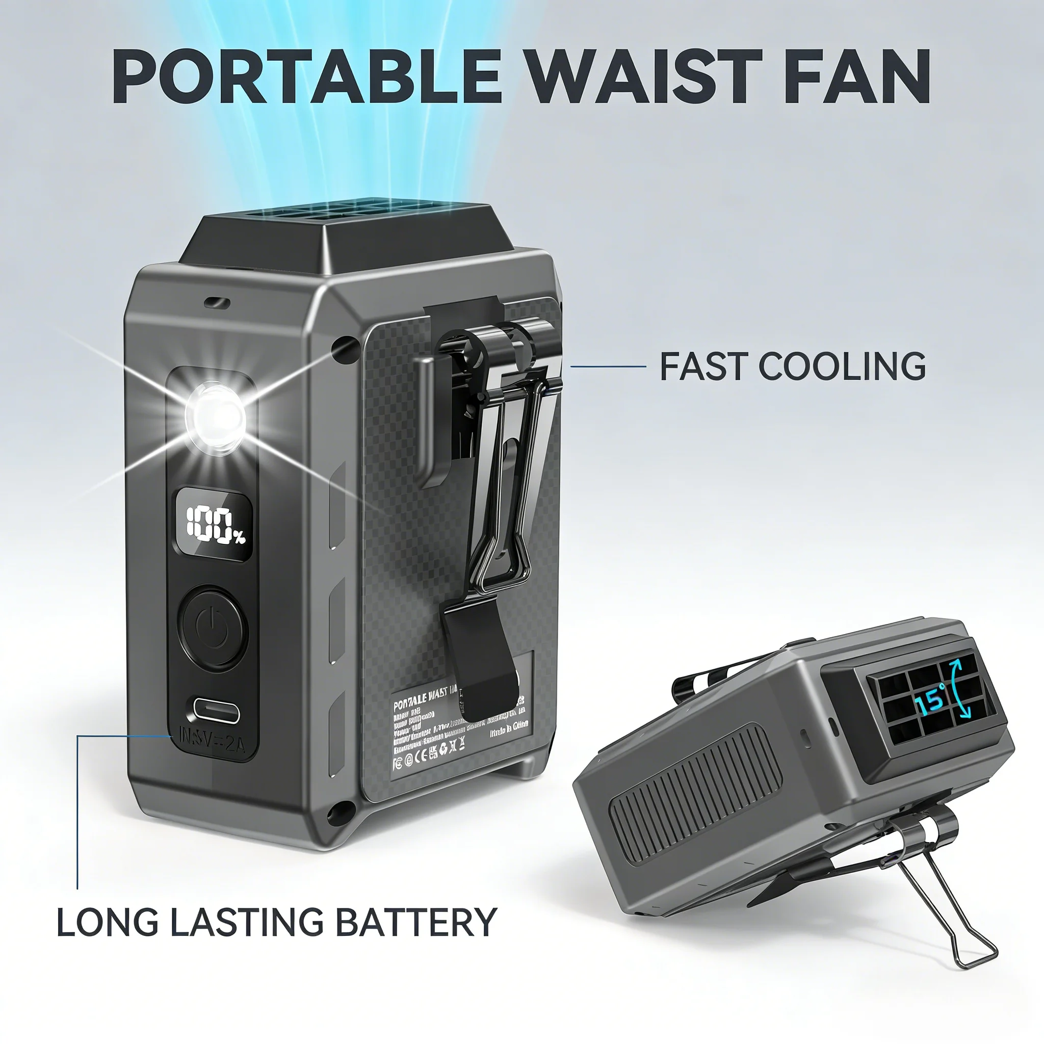 Portable waist fan, hand-held cooling fan, rechargeable battery, suitable for travel, outdoor and tropical areas.