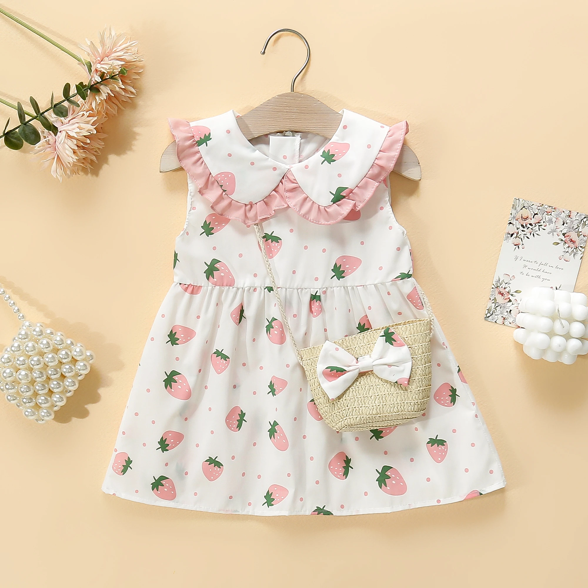 Summer New Girl Baby Dress With Lapel Lace And Lace Lace Lapel Strawberry Dot Bag Countryside Style Sweet Princess Dress