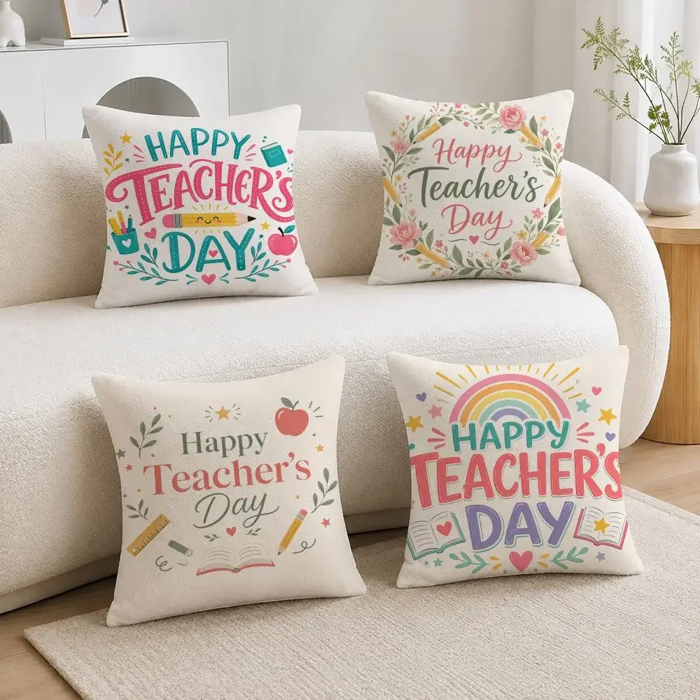 Holiday Theme Teaches day Cushion Cover Soft Fluffy Short Plush  Pillow Case  Sofa Bed Home Decor