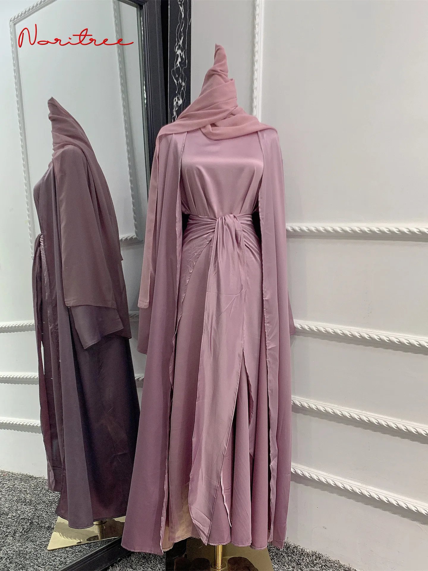 Kaftan Abaya en Satin pour Femme, Ensemble 3 Pièces, Dubaï, Turquie, Islam, Arabe, Musulman, Robe Longue, Kimono, WY687